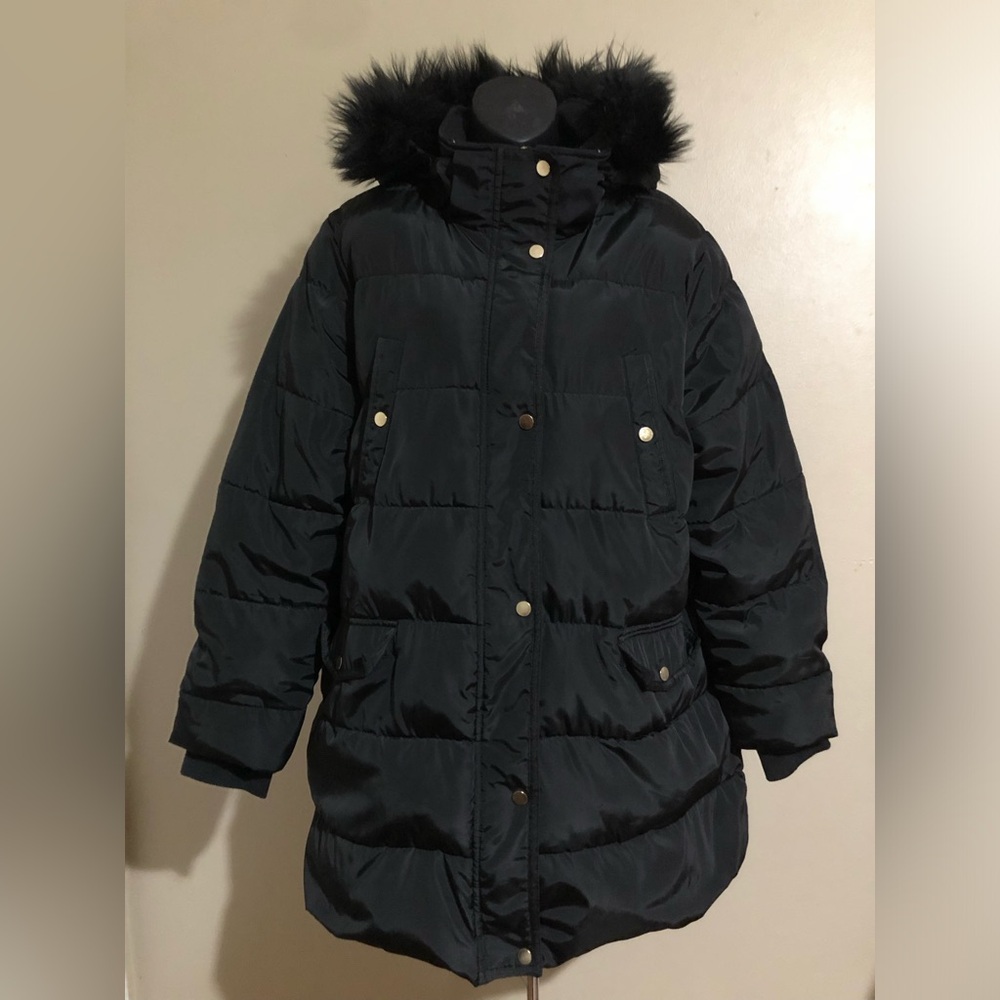 Ellos Faux Fur Hooded Pocketed Black Puffer Jacket Sz L 18/20 NO BELT